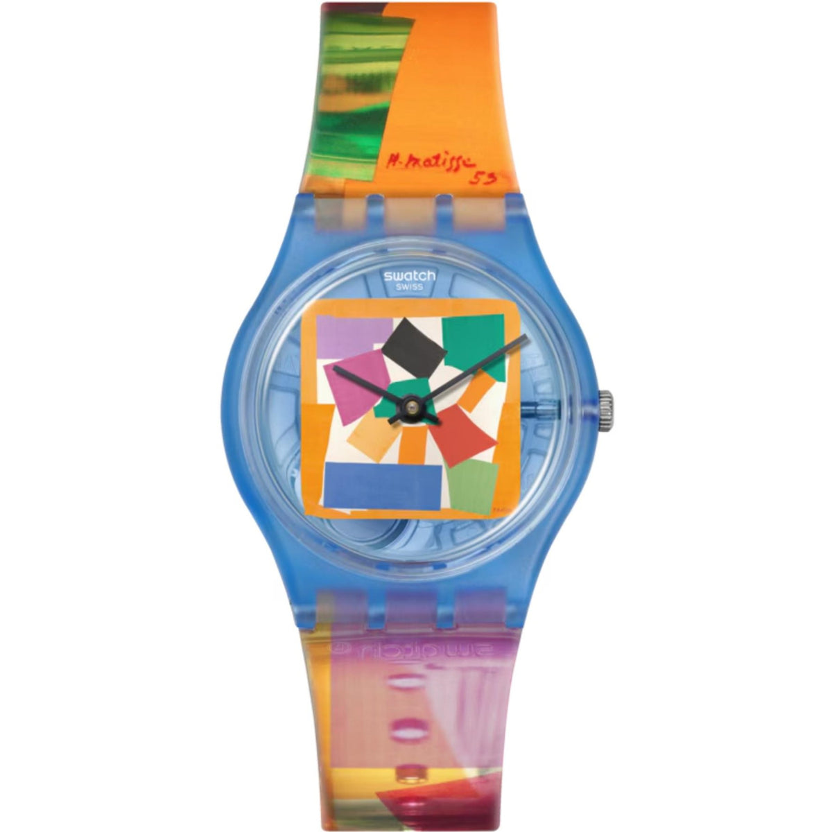 Colorful plastic Swatch wristwatch with geometric dial art and clear strap, SO28Z127C