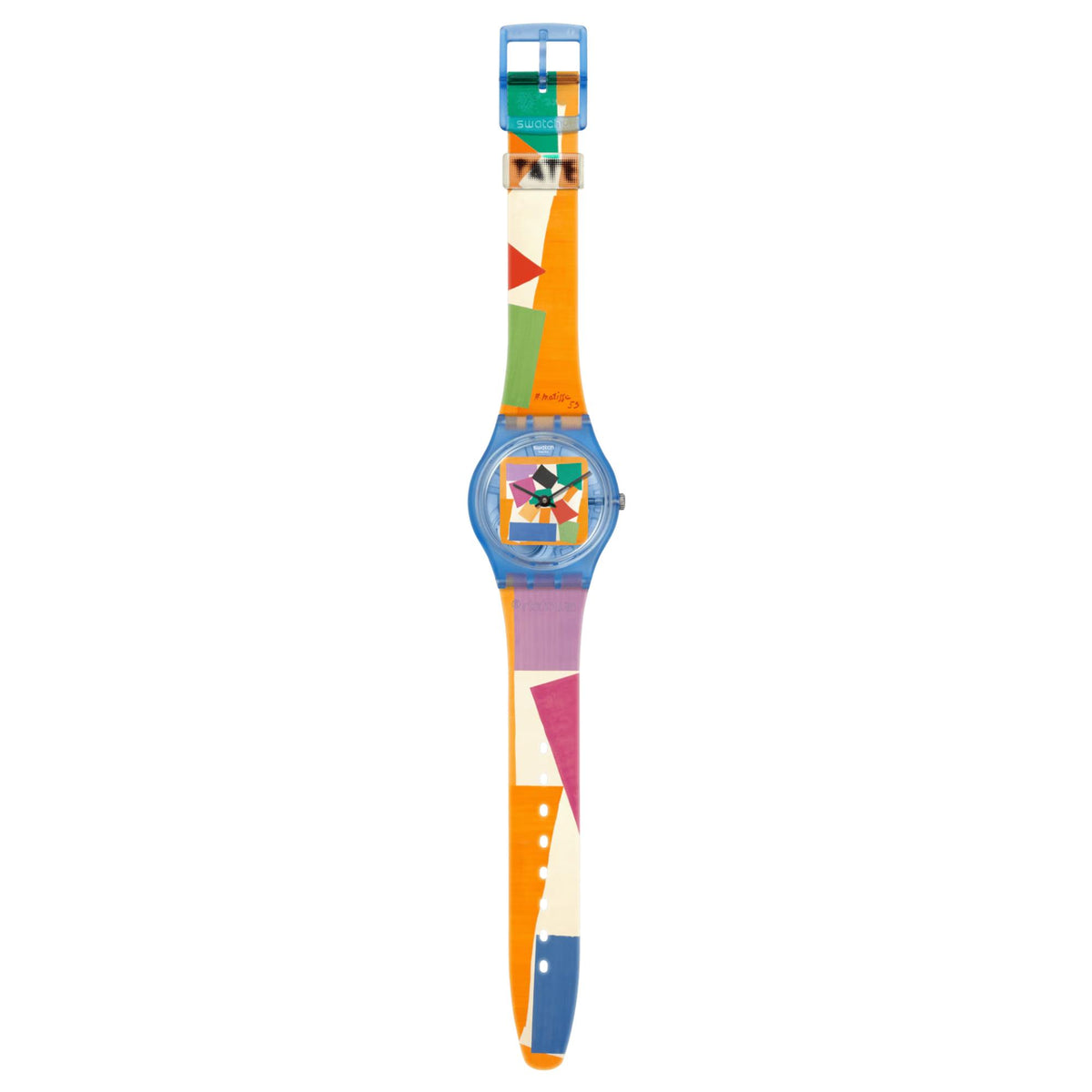 Swatch wristwatch with geometric dial art, vertical strap graphic and buckle clasp