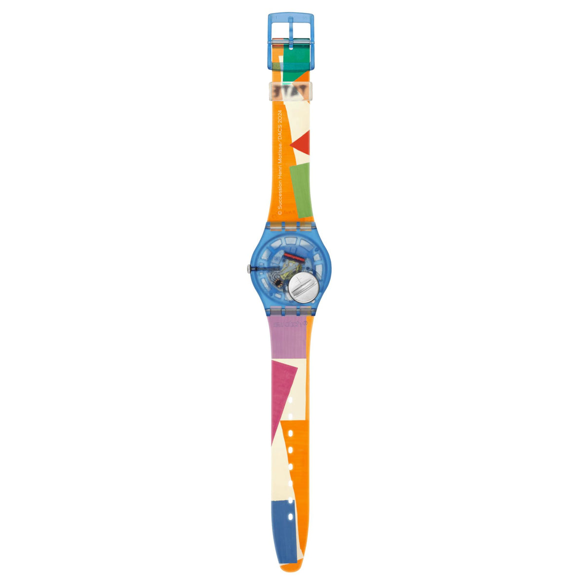 Swatch wristwatch side view with round bezel, geometric dial and printed strap