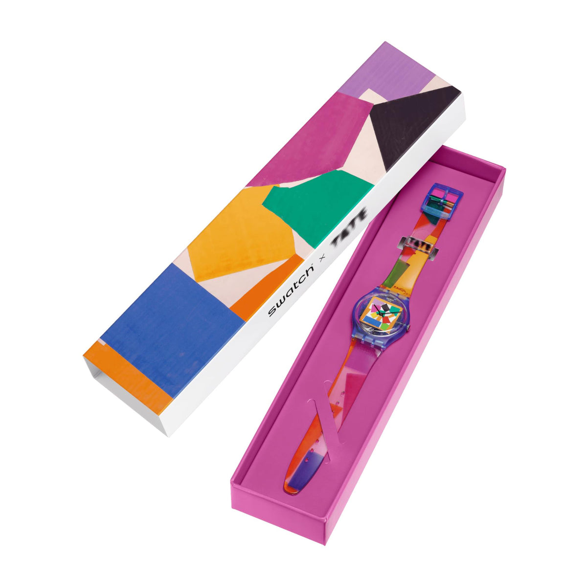 Swatch wristwatch in gift box with geometric dial art, colorful strap, SO28Z127C
