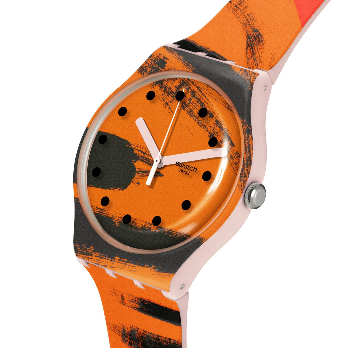 Orange and red patterned round watch face with pink silicone strap, silver-toned crown