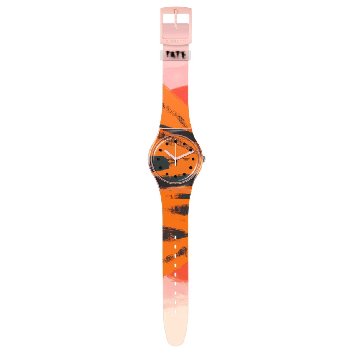 Round watch with orange dial and pink silicone strap shown lengthwise