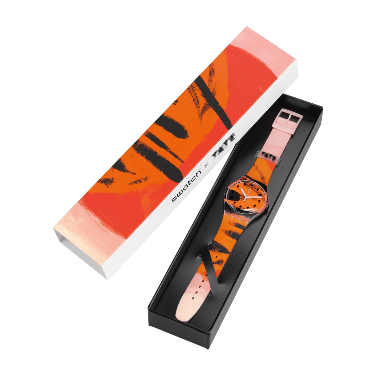 Watch in gift box with pink silicone strap and orange dial, orange-red patterned face