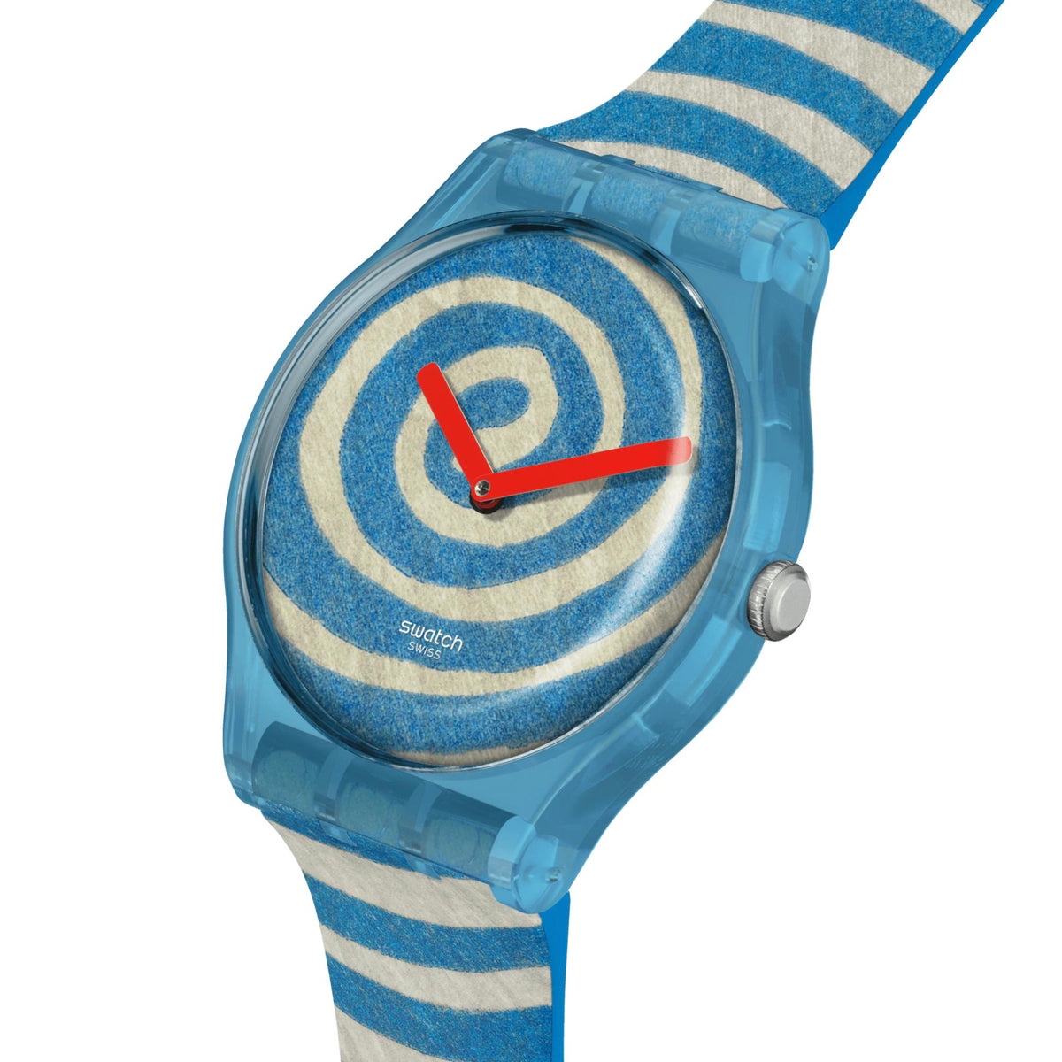 Silicone strap watch in blue with spiral dial and red hour and minute hands