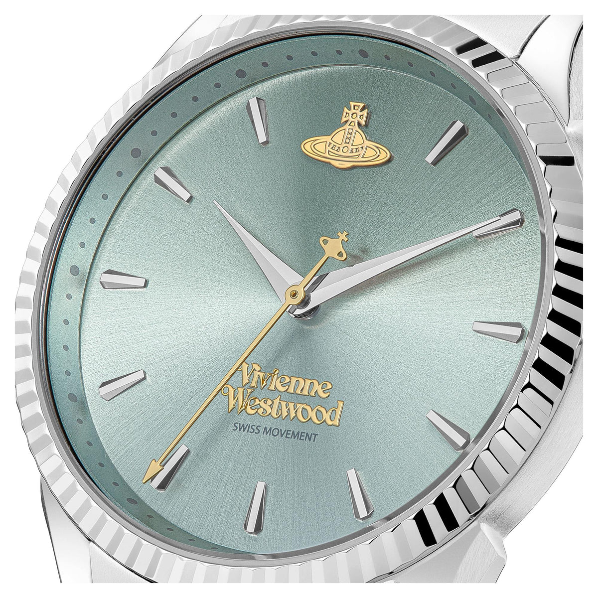 Pale blue dial ladies quartz watch with gold hands and logo, steel case, ridged bezel