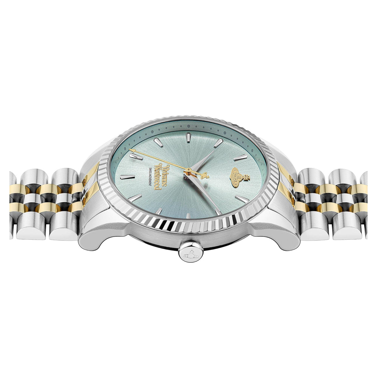 Ladies quartz watch with pale blue dial, gold bezel details, two-tone metal bracelet