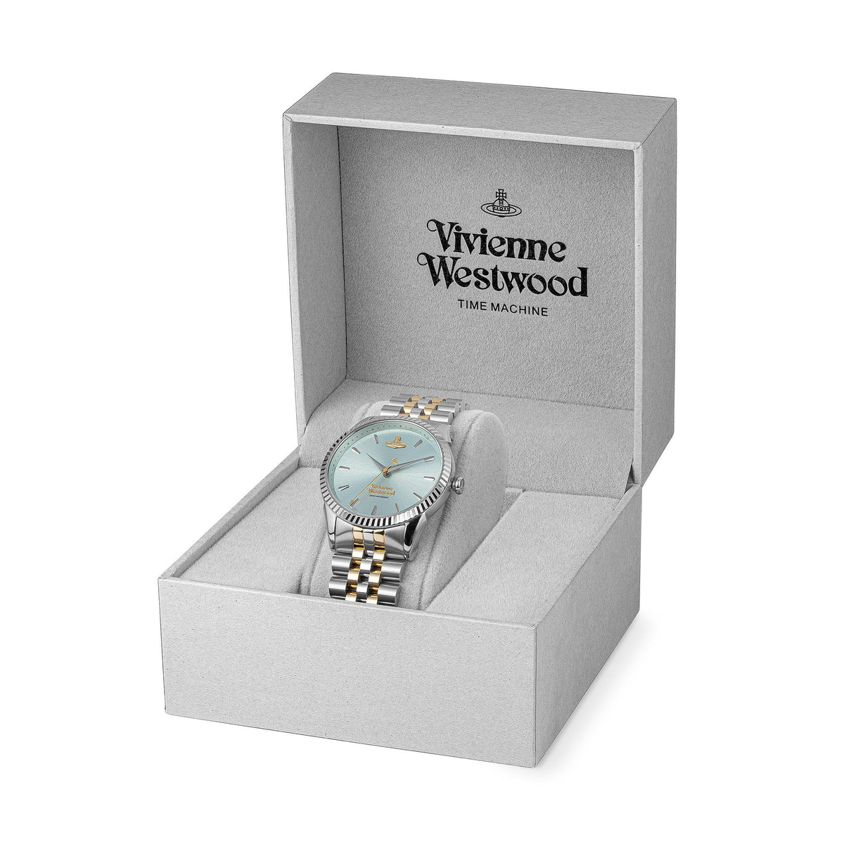 Ladies two-tone quartz watch in gift box with pale blue dial and metal bracelet
