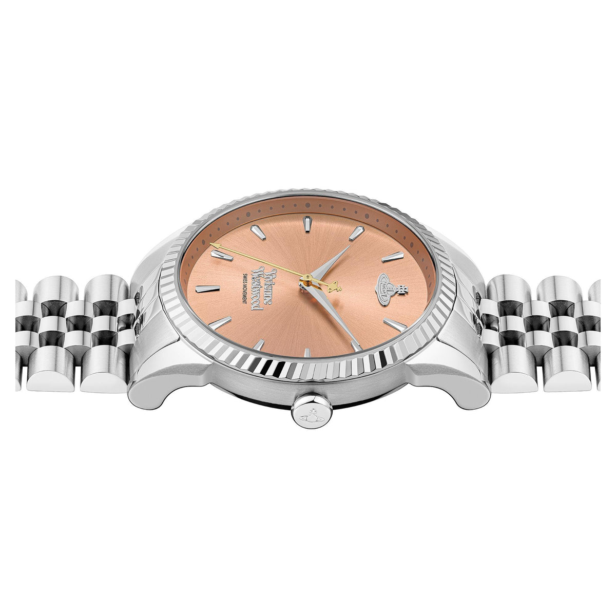 Women's steel quartz watch with peach face and logo, centered view on metal bracelet