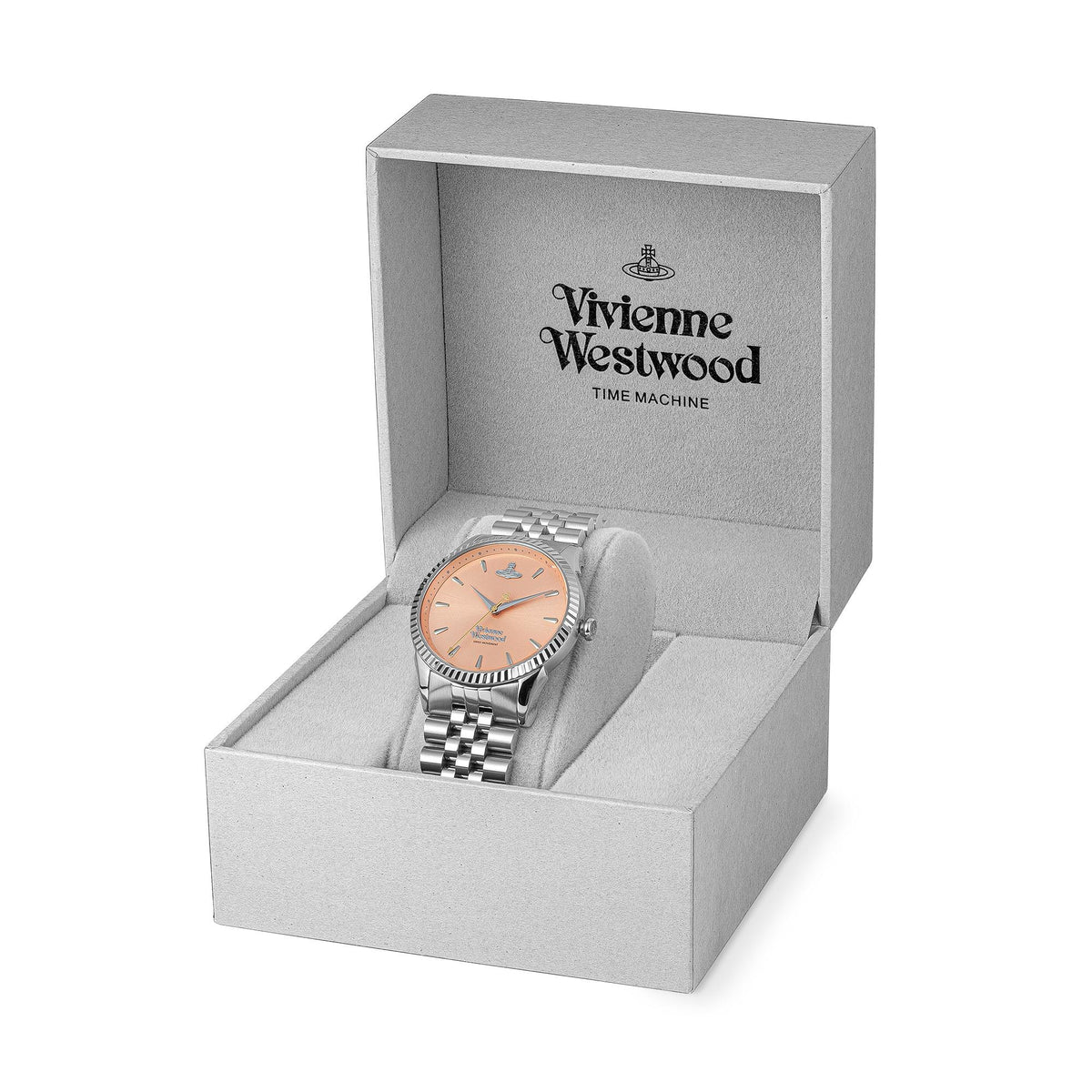 Women's steel quartz watch with peach dial and linked bracelet, shown in gift box