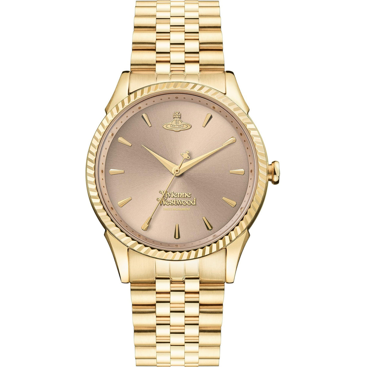 Vivienne Westwood ladies quartz watch: gold steel bracelet, pink dial, baton markers