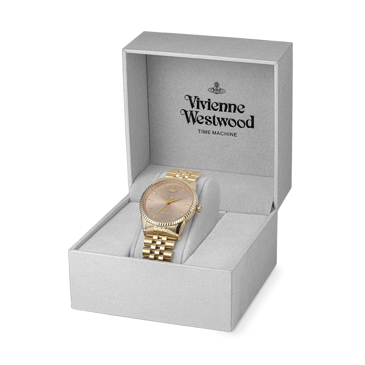 Vivienne Westwood watch in gift box: gold steel bracelet and pink quartz dial