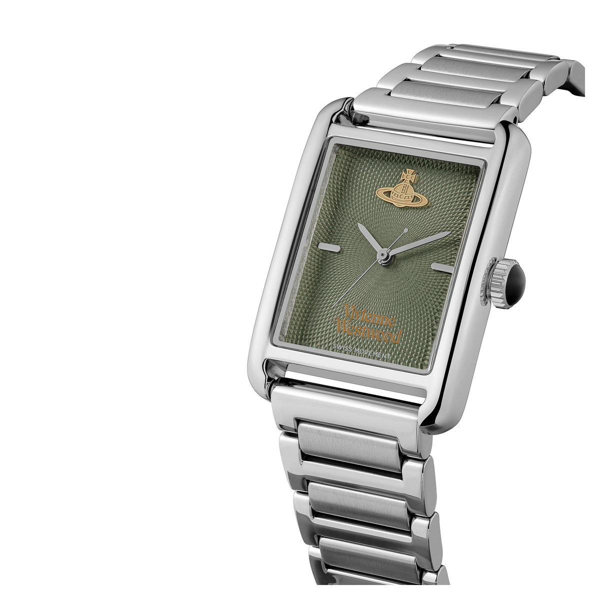 Stainless steel watch with green dial and metal link bracelet, side crown detail