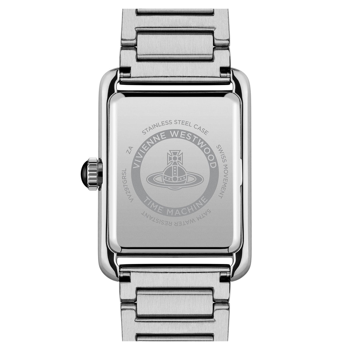 Stainless steel watch case back with engraved Vivienne Westwood branding