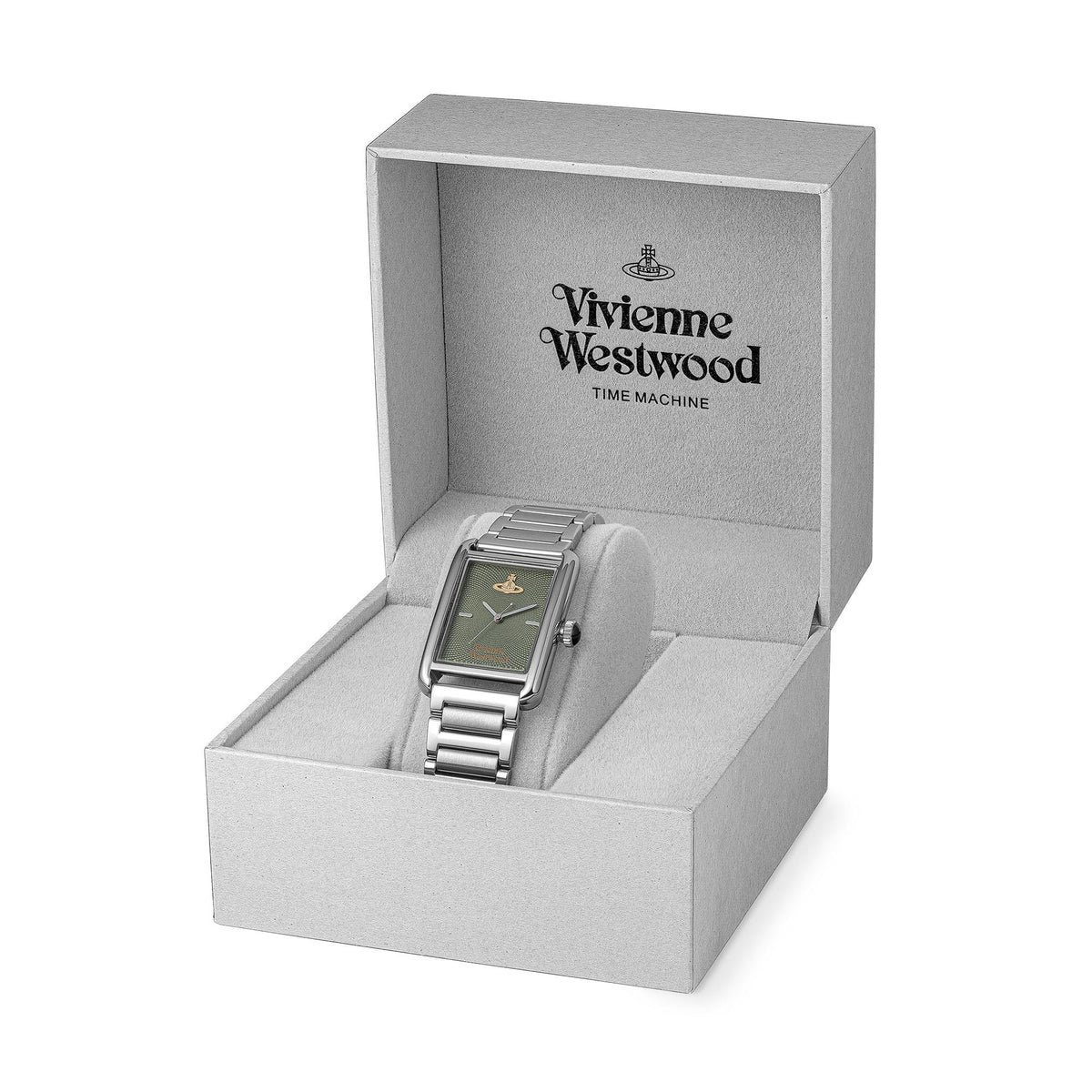 Vivienne Westwood watch in open presentation box with gray cushion