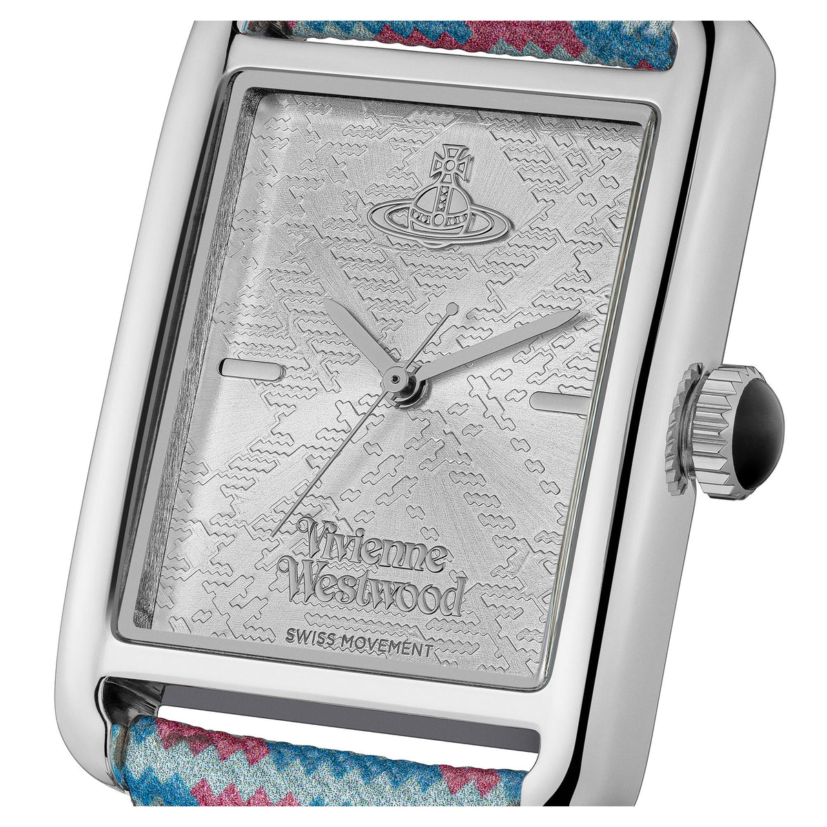 Square stainless steel watch with silver dial and multicolor woven leather strap