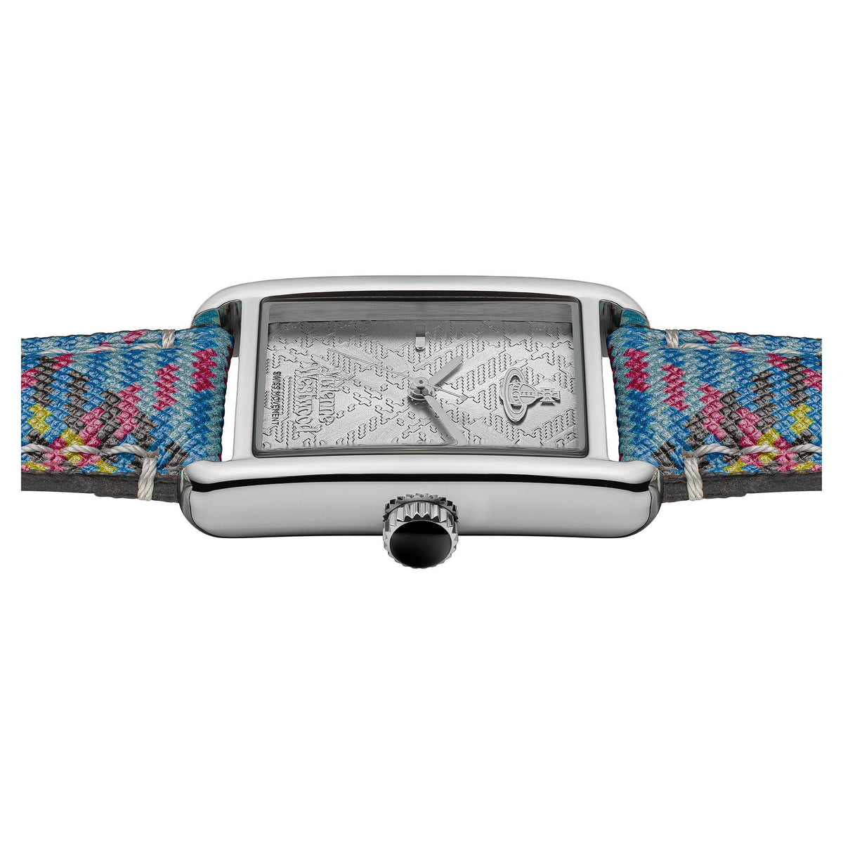 Rear view of square Vivienne Westwood watch case with multicolor woven leather strap