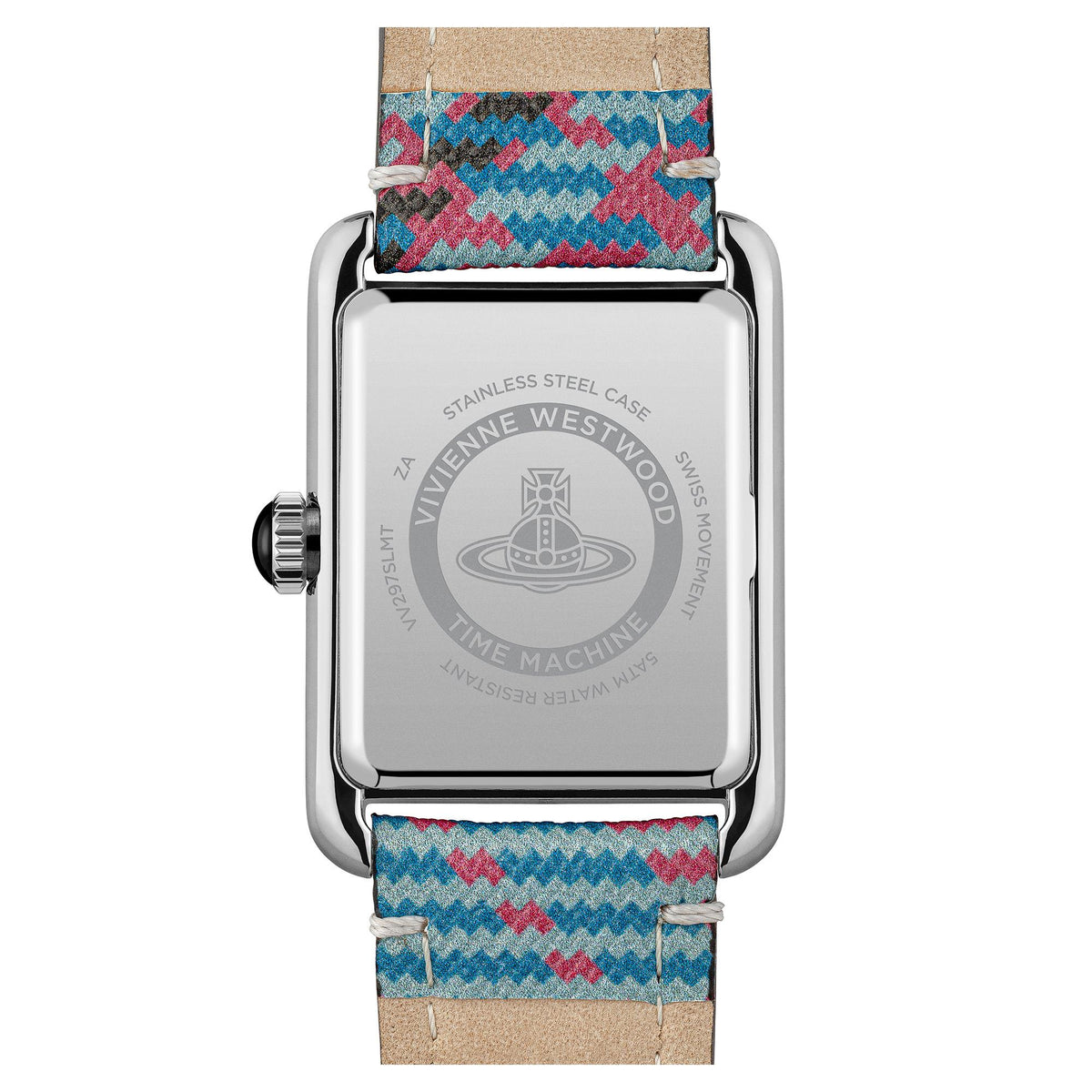 Back of square silver stainless steel watch case with multicolor woven leather strap