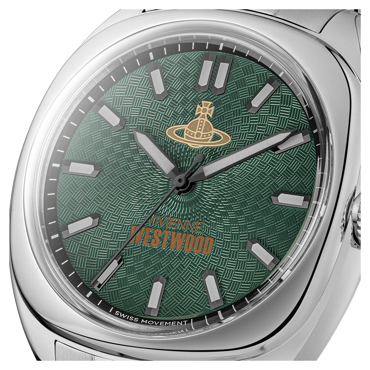 Men's steel quartz watch with green dial and gold emblem, silver hour markers