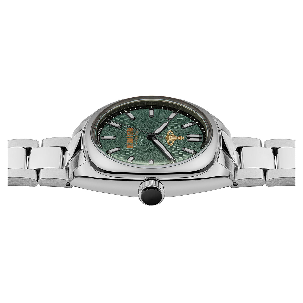 Men's quartz watch with green patterned dial, gold emblem and steel bracelet
