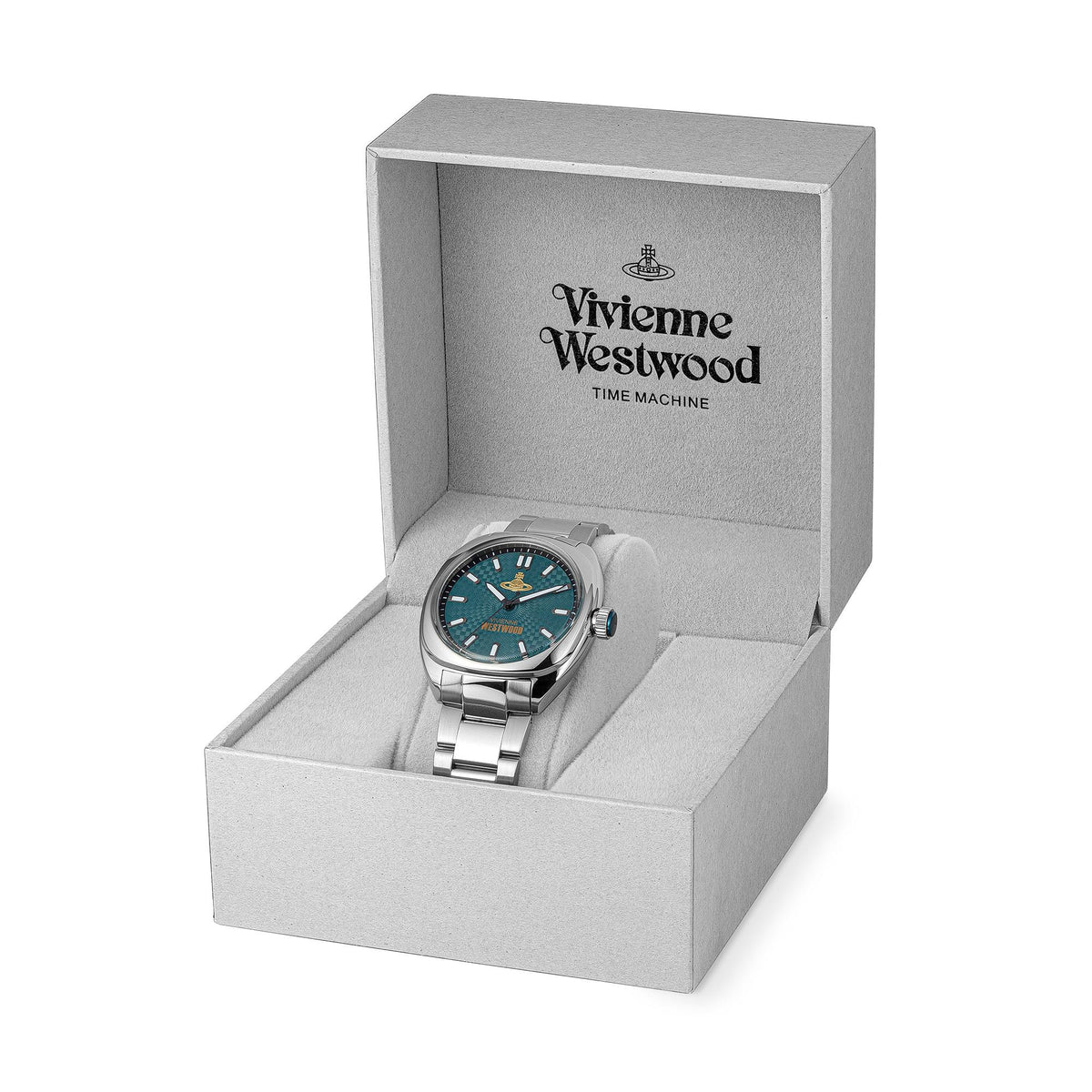 Men's stainless steel watch in gift box, teal dial with gold emblem and metal bracelet.