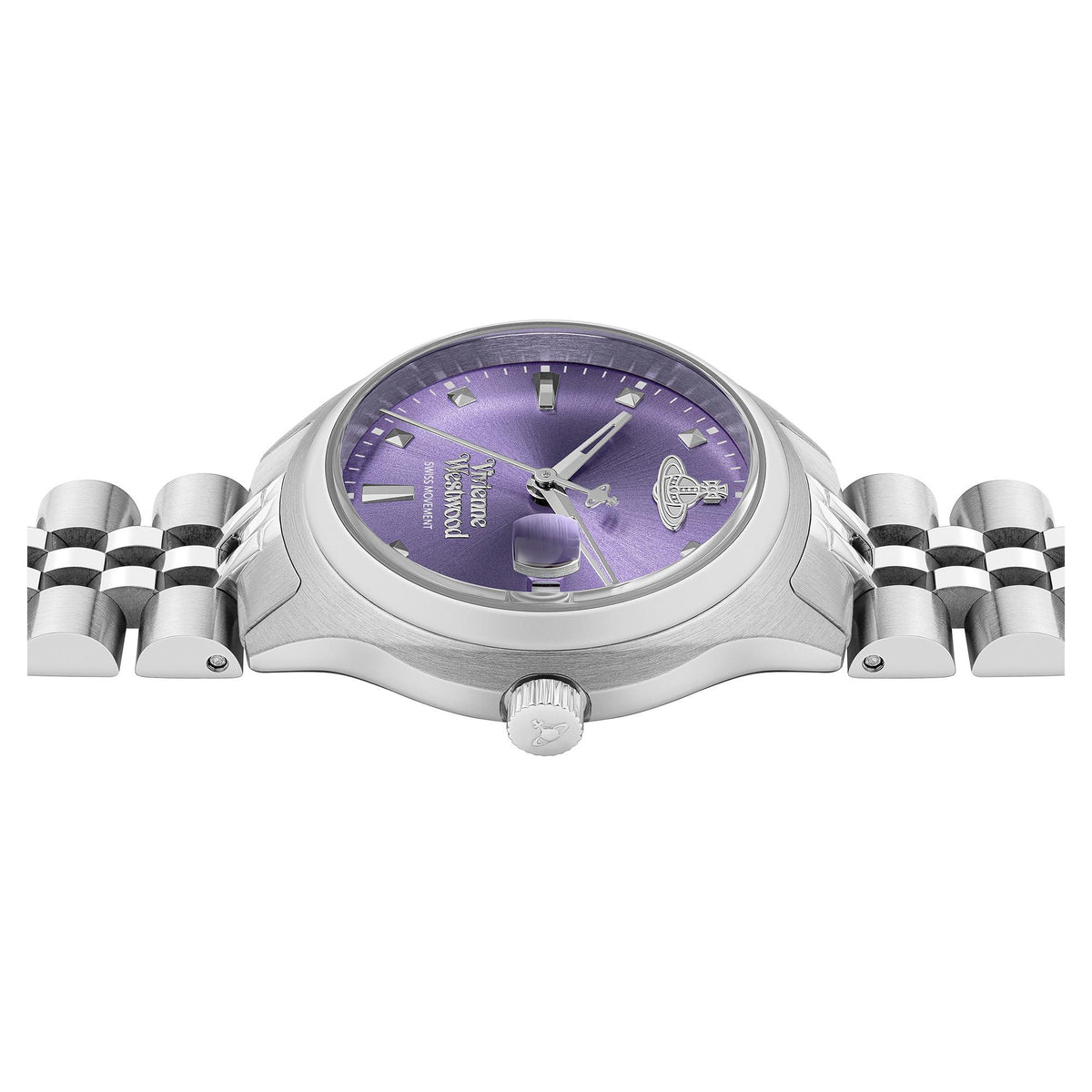 Vivienne Westwood women's watch top view with purple dial and silver bracelet