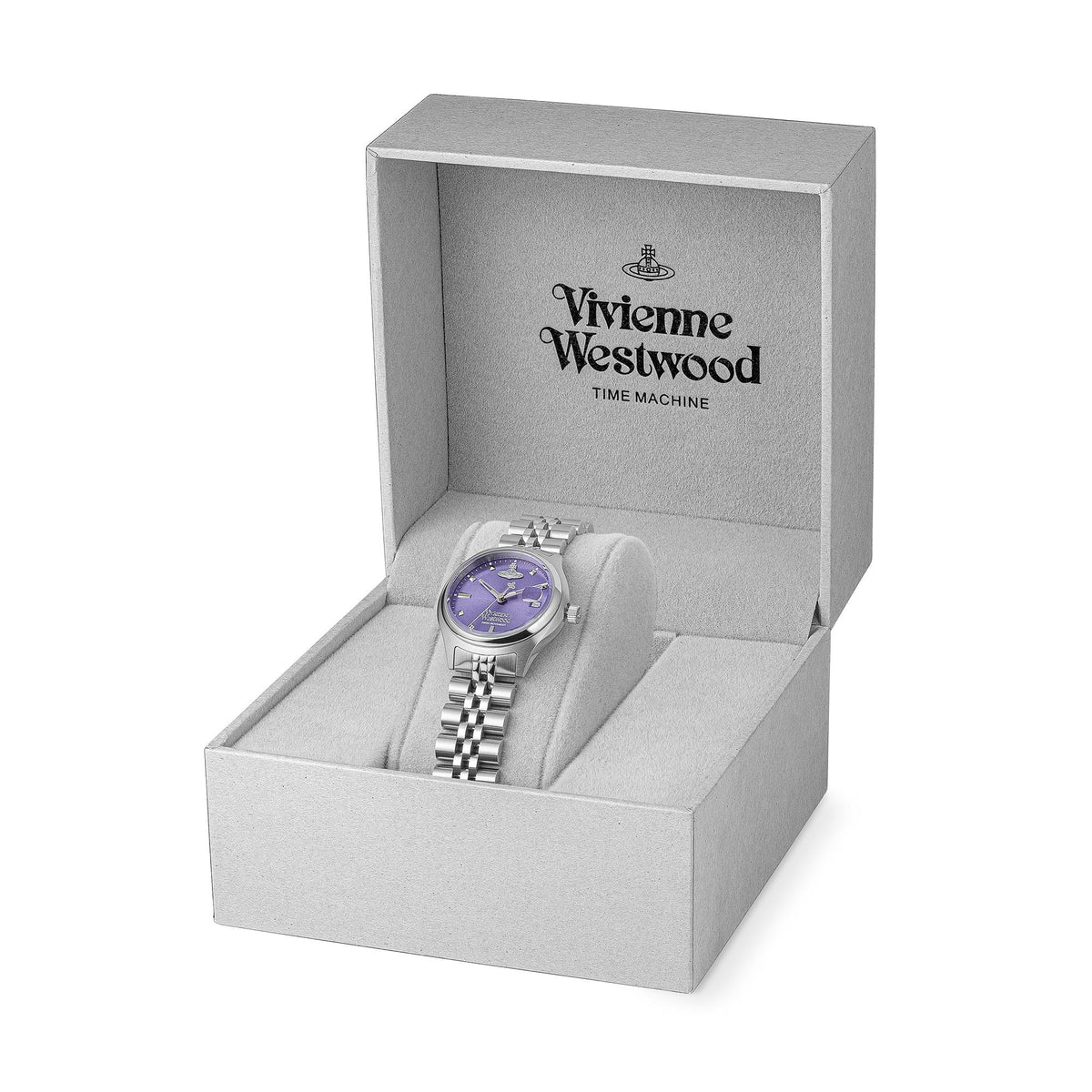 Vivienne Westwood watch displayed in open silver gift box, purple dial and steel bracelet