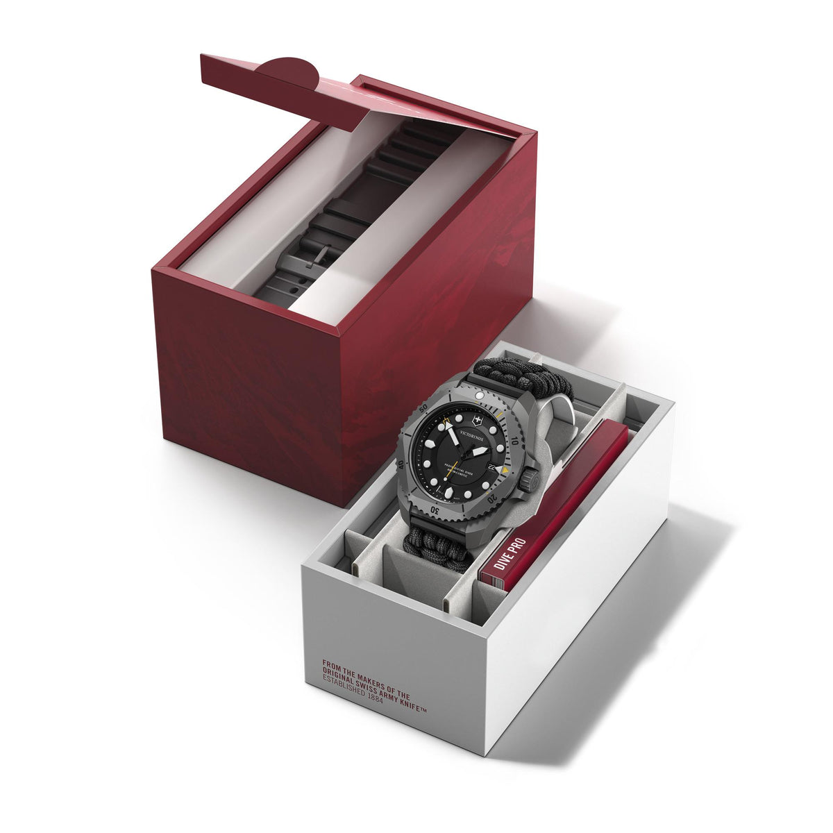 Victorinox Dive Pro 43mm watch displayed in premium red and white gift box packaging
