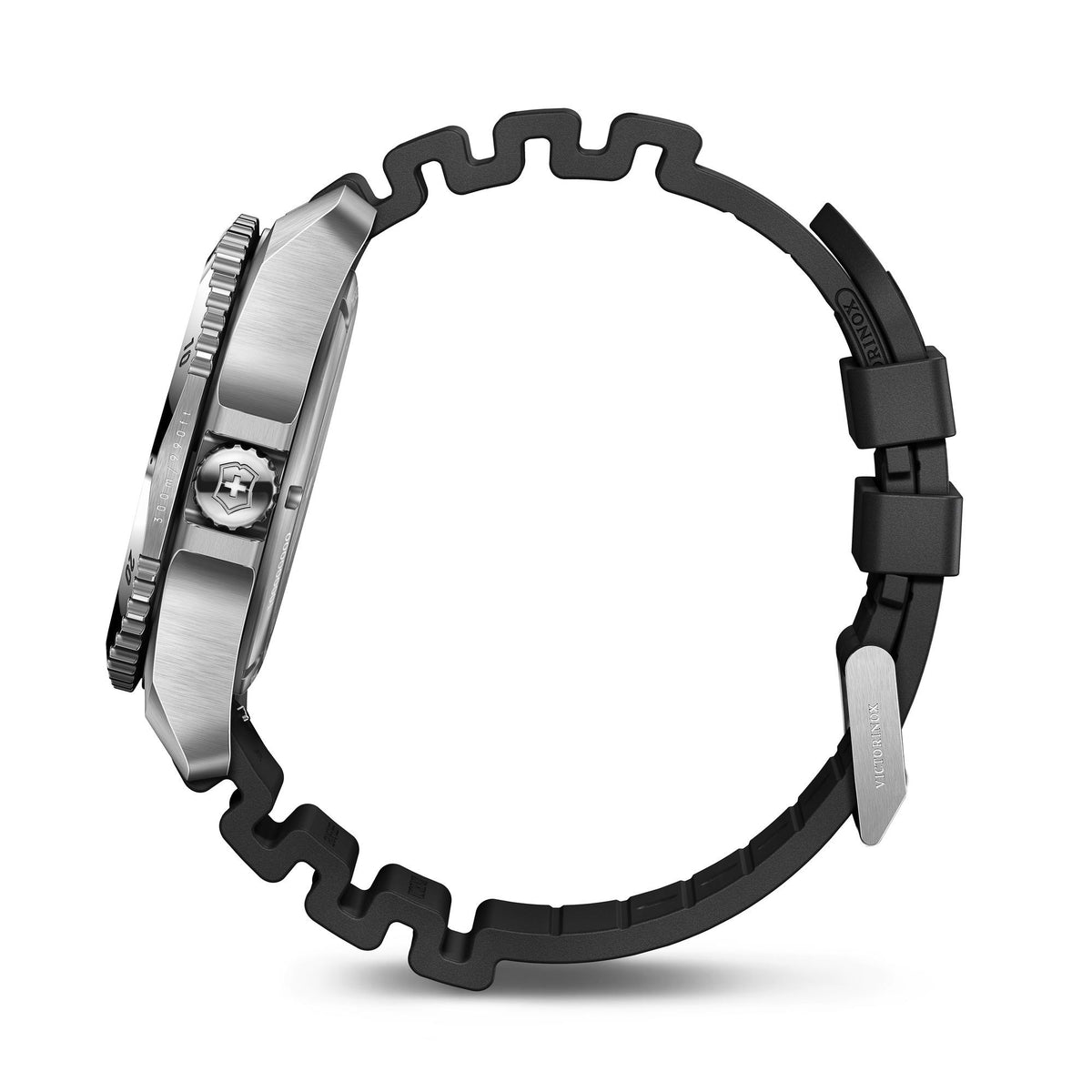 Back view of men's quartz dive watch case with black rubber strap
