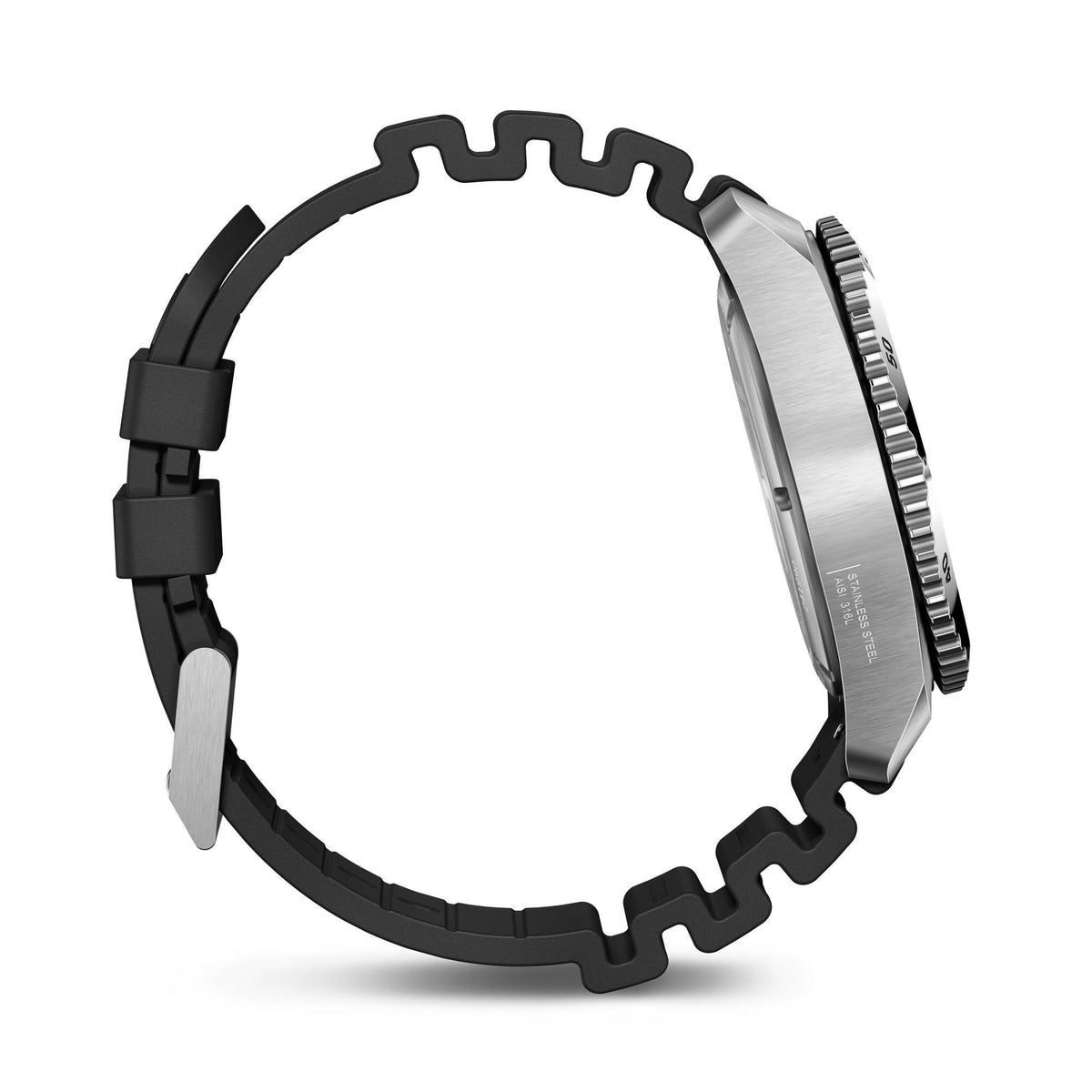 Side view of men's quartz dive watch with black rubber strap and ridged bezel