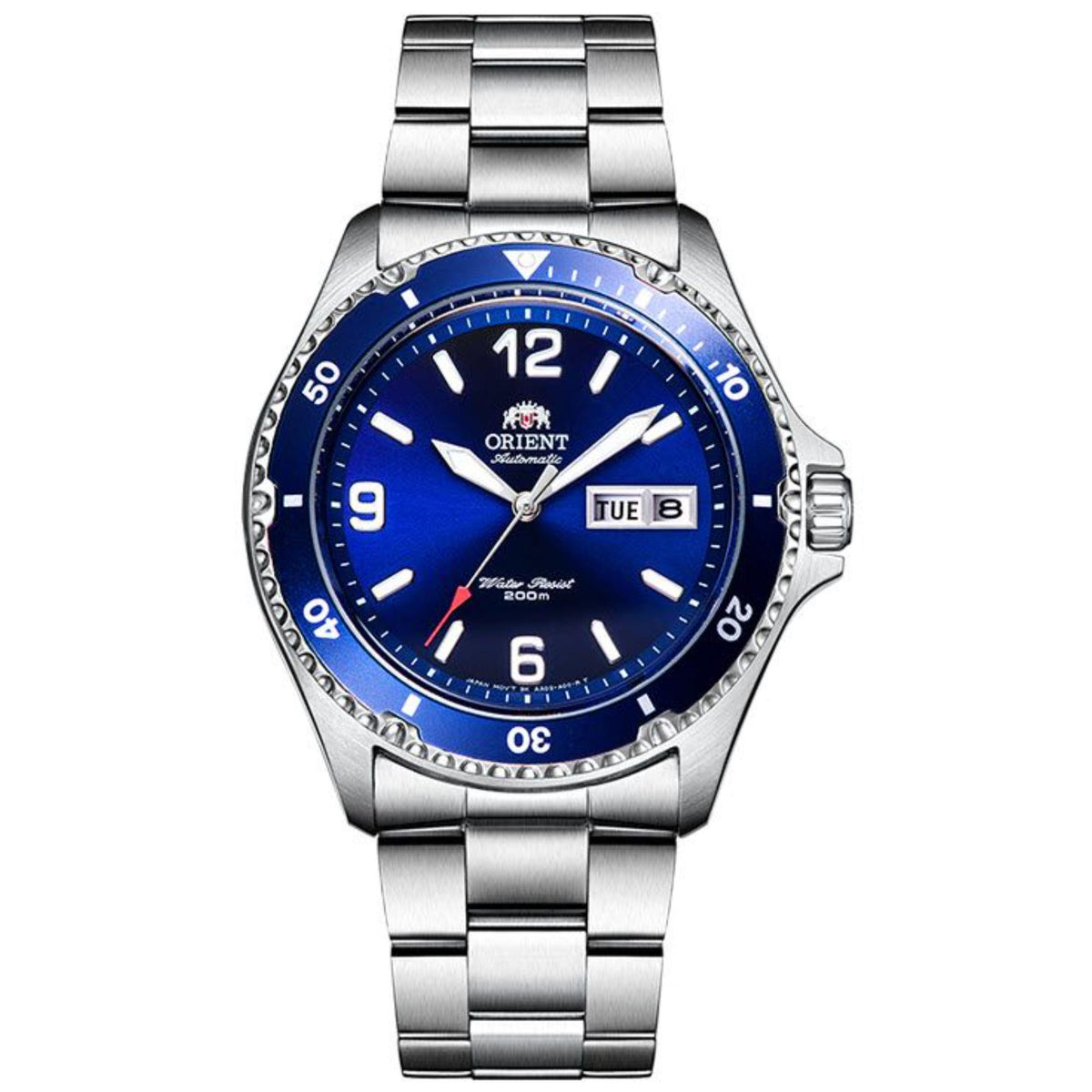 Men's steel automatic watch with blue dial, bezel and date window