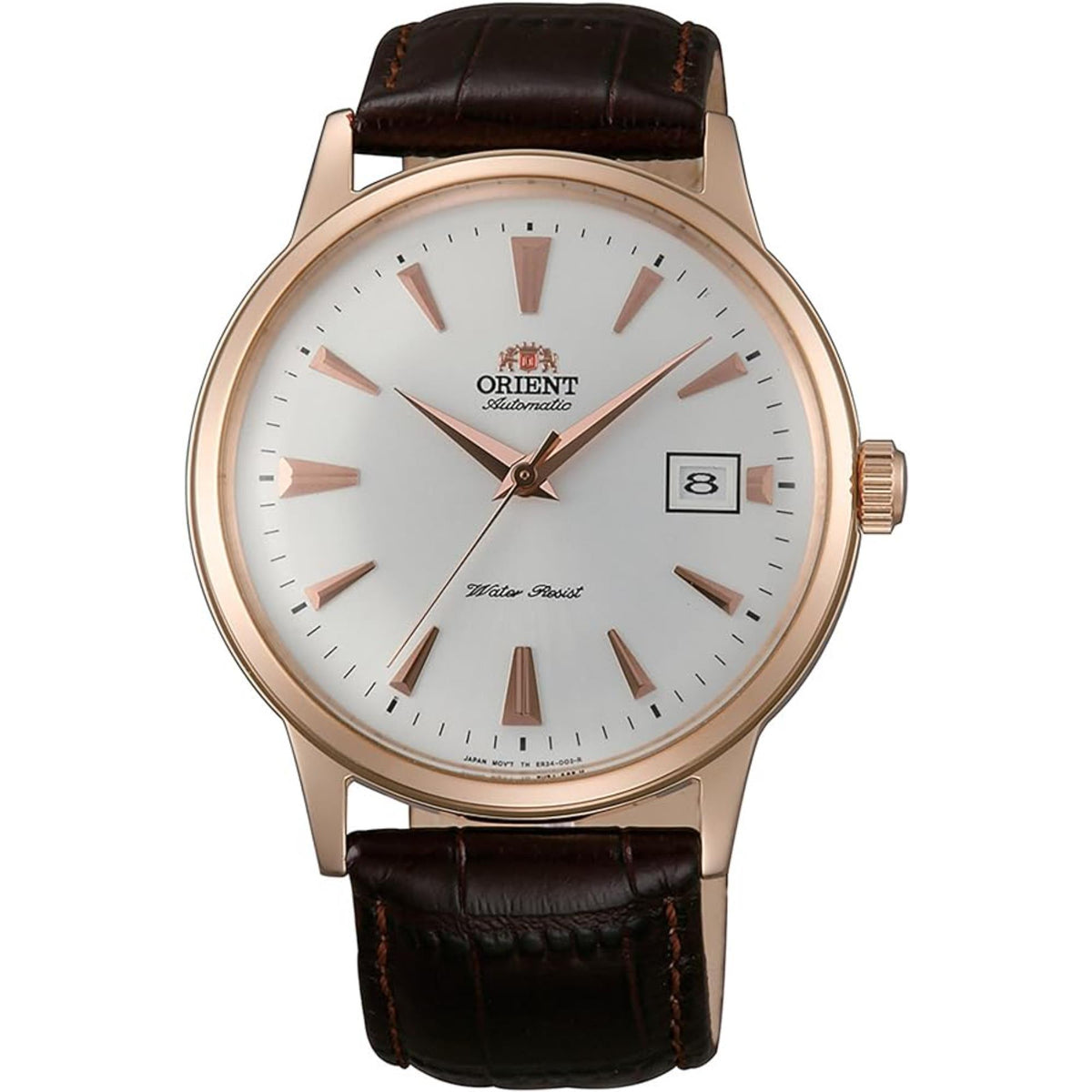 Men's automatic watch with white dial, rose-gold case, black leather strap, date window