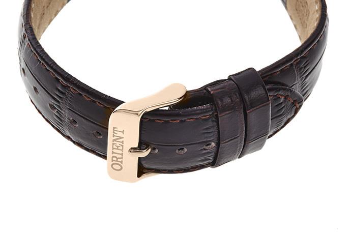 Men's automatic watch leather strap with rose-gold buckle; white dial and case edge