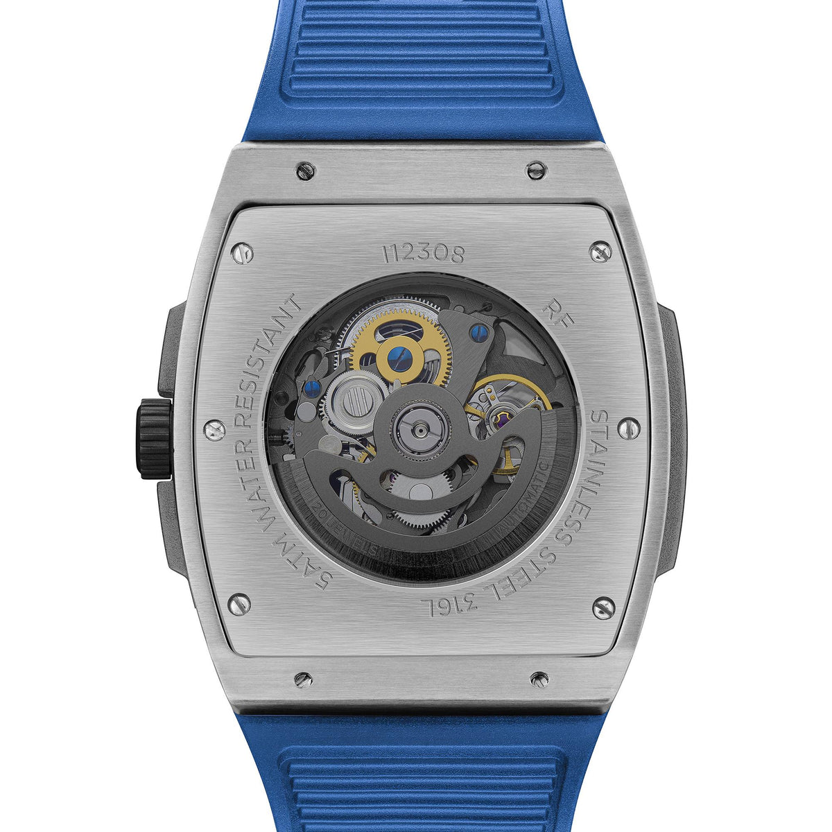 Ingersoll men's automatic watch caseback with visible movement and blue silicone strap