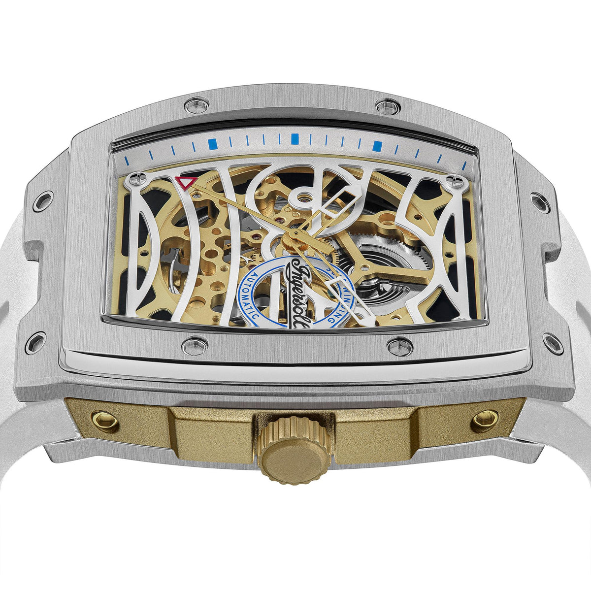 Men's automatic watch with stainless steel skeleton dial, gold movement, blue accents