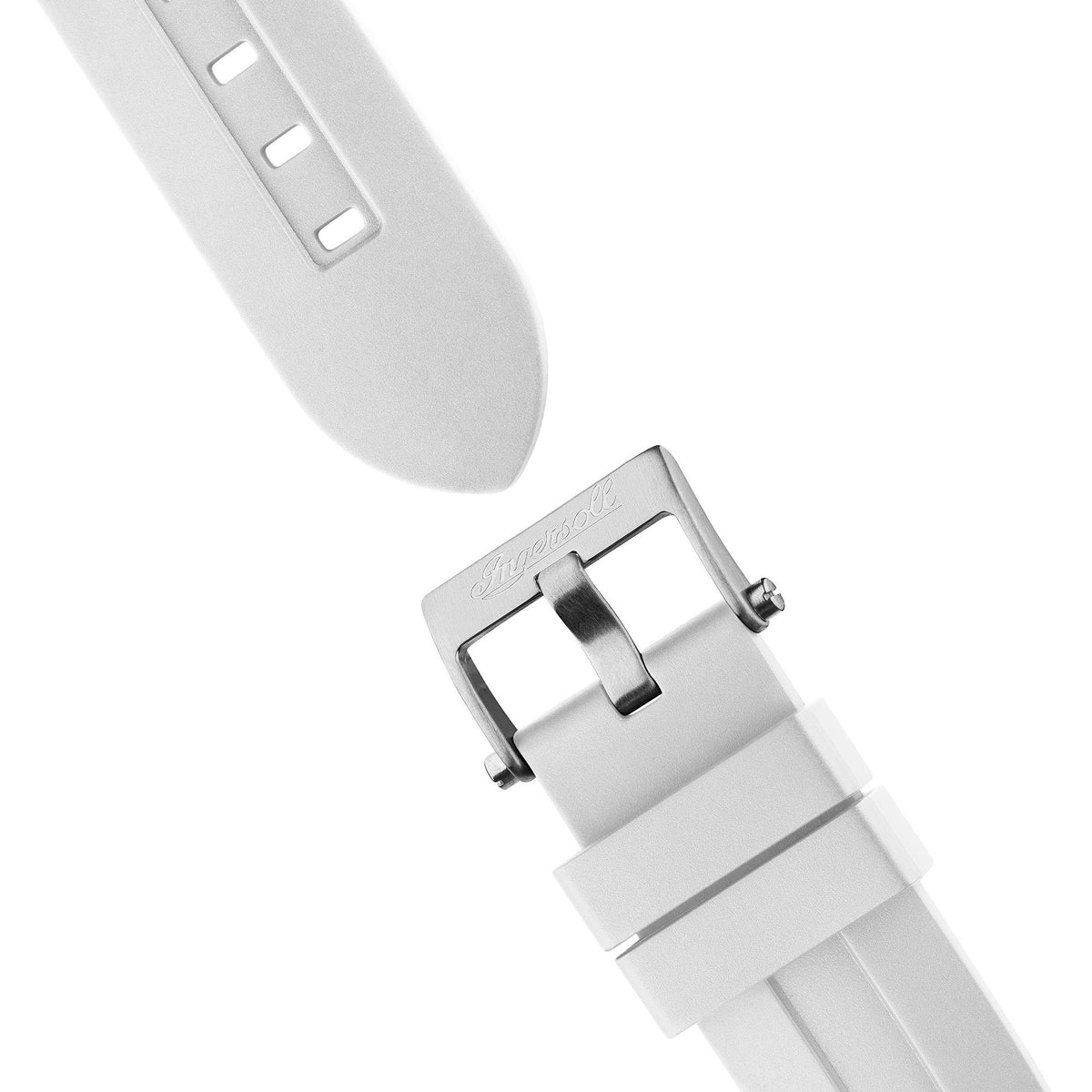 White PU watch strap with metal buckle and clasp; underside and case lug detail