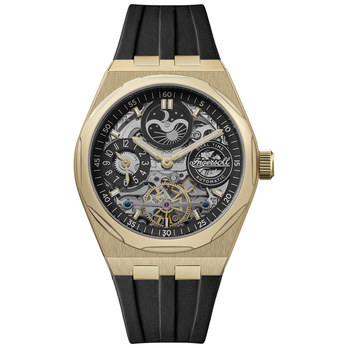 Ingersoll men's automatic skeleton watch with black dial, gold-tone case, black PU strap