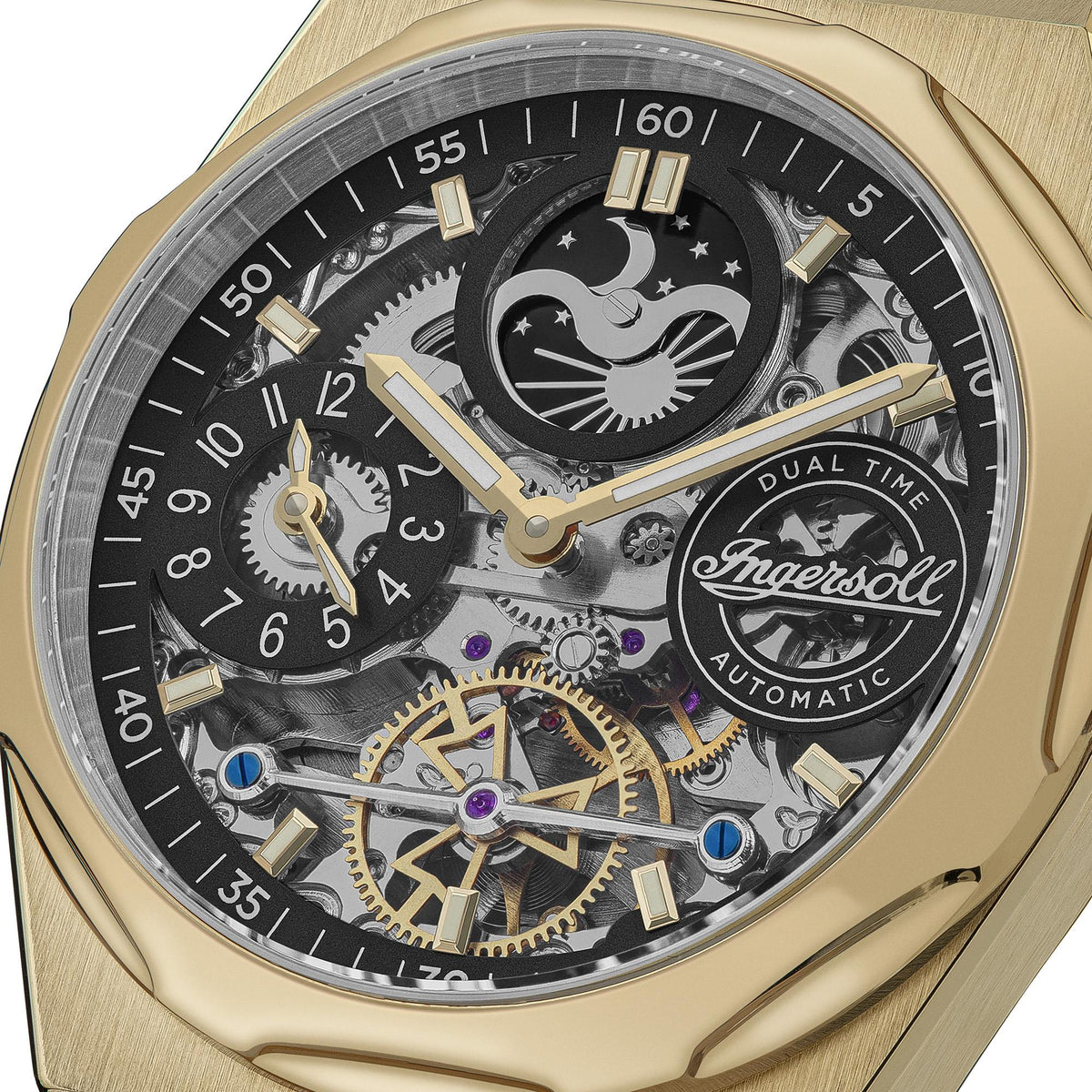 Men's automatic skeleton watch close-up with black dial, gold-tone bezel and hands