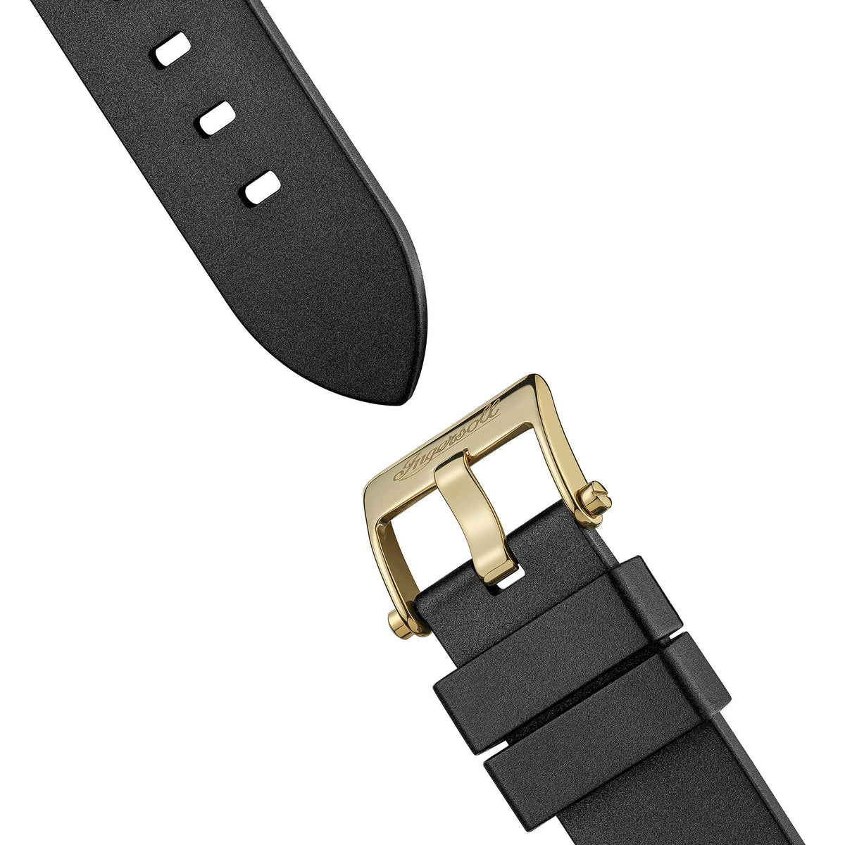Black PU watch strap with gold-tone buckle and adjustment holes