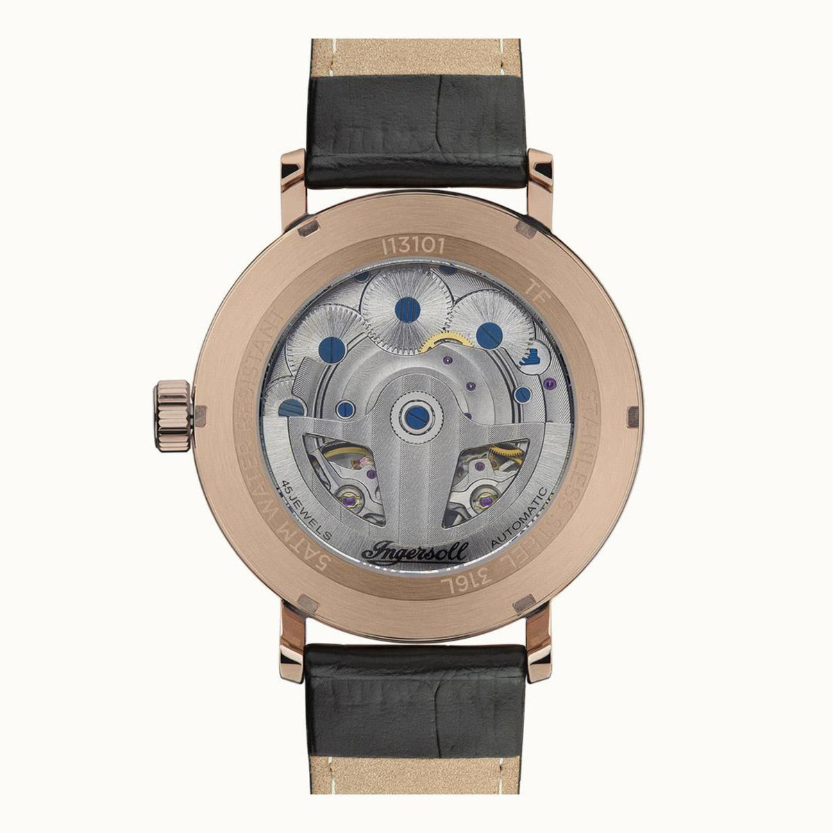 Ingersoll automatic watch case back with 13101 engraving, grey movement, black strap