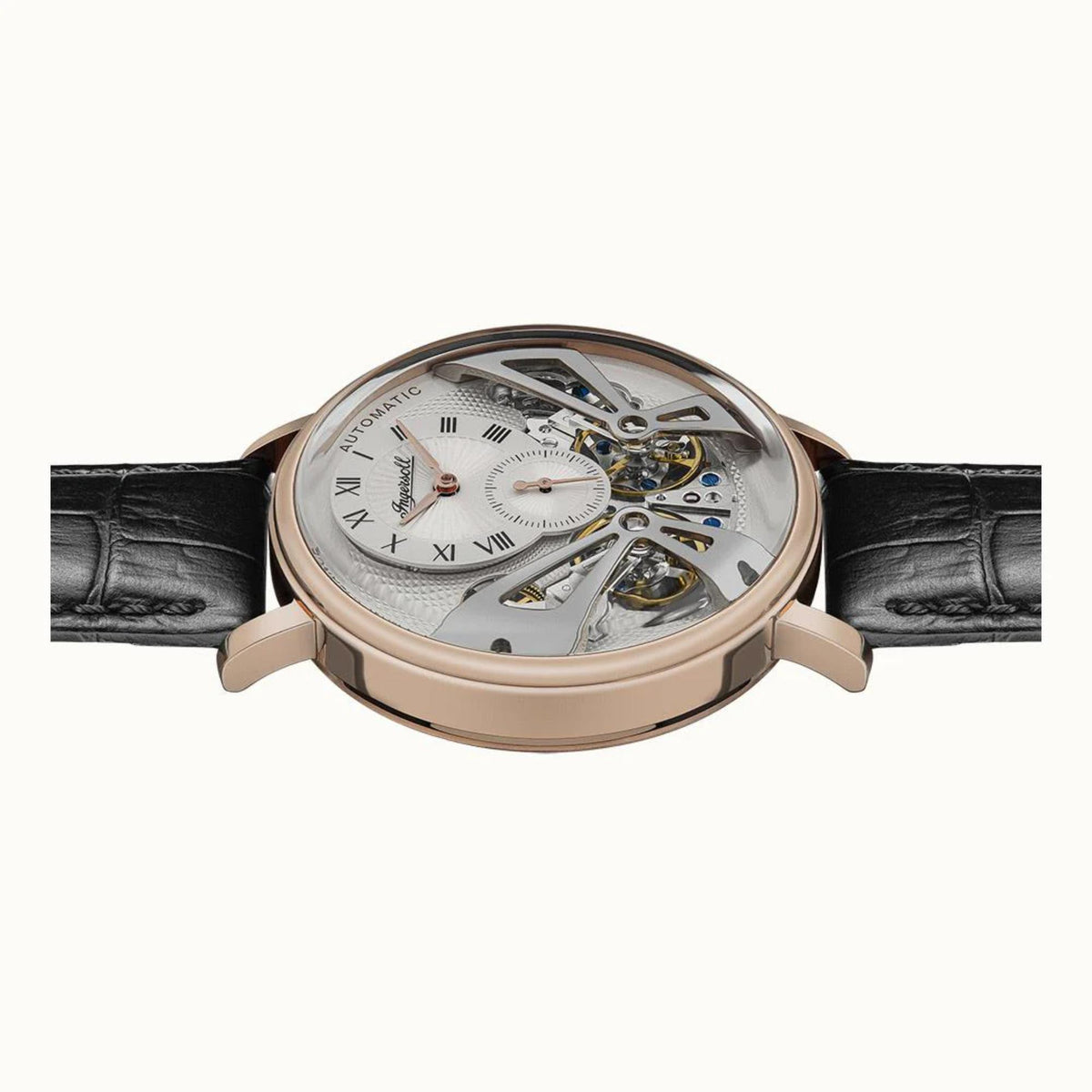 Ingersoll automatic men's watch side view with exposed movement and black leather strap