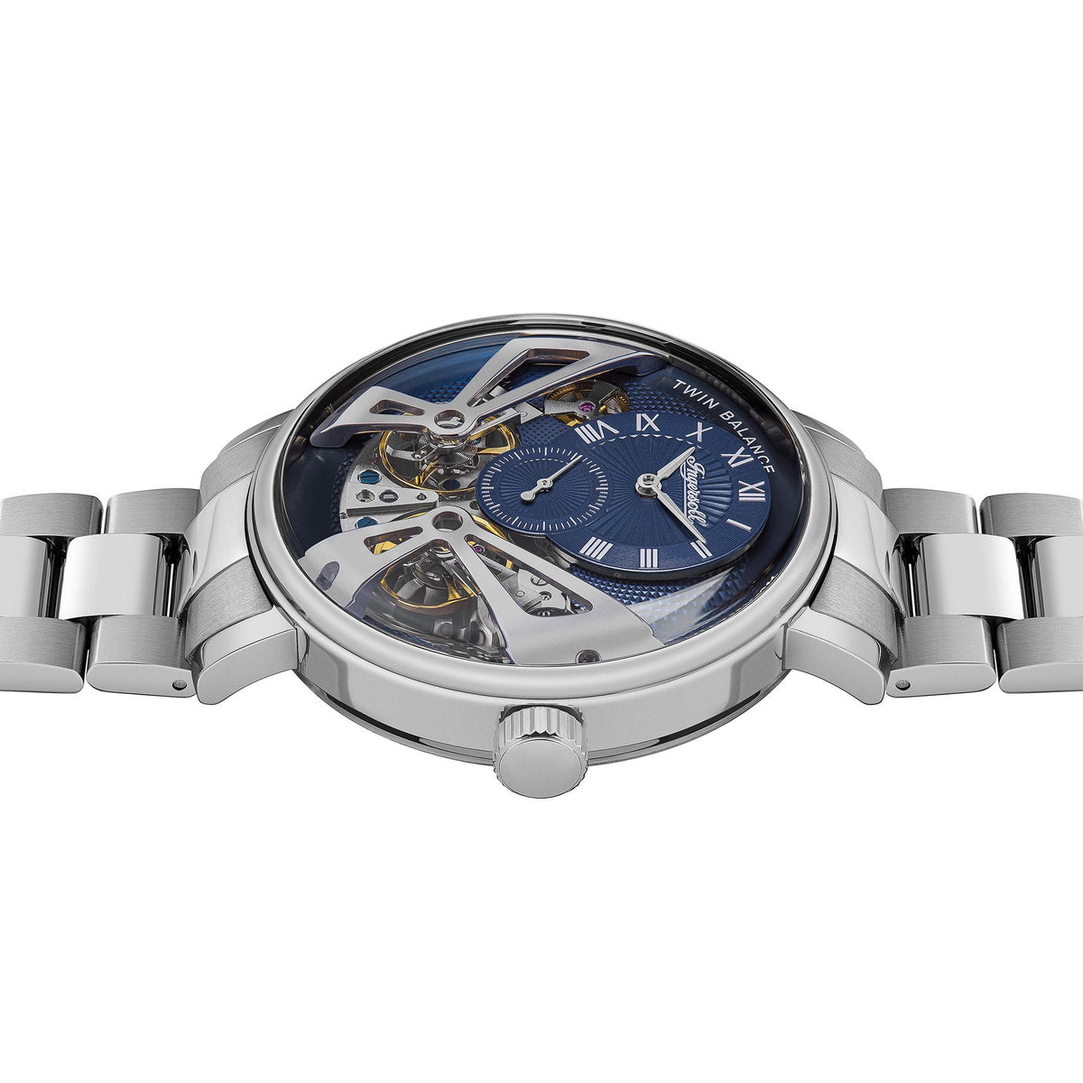 Men's automatic watch in stainless steel with blue skeleton dial and round crown