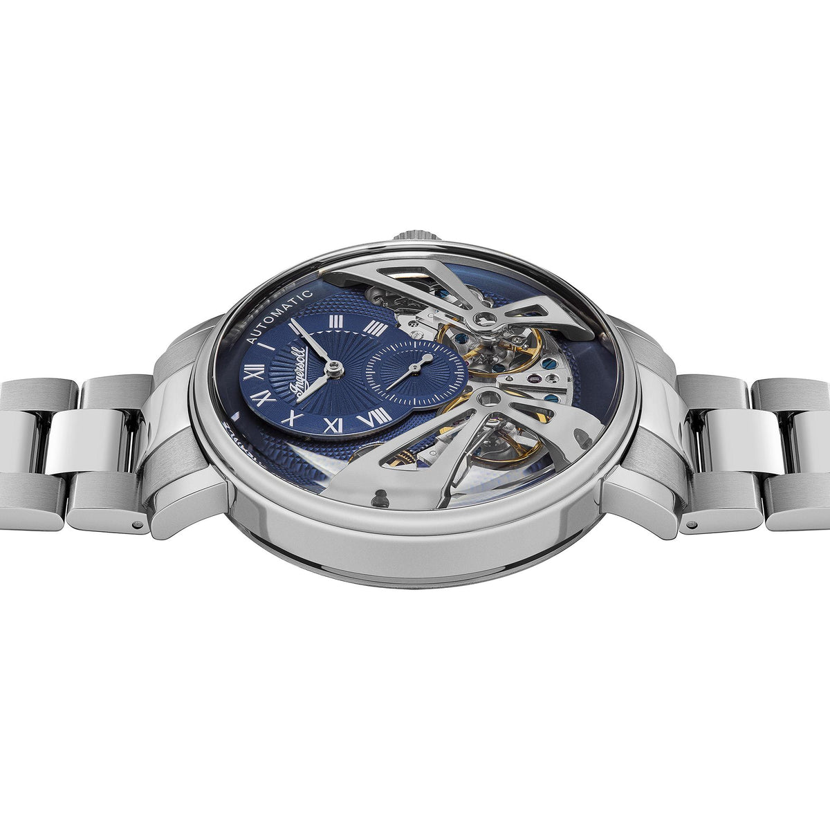 Men's automatic watch side view showing blue dial and exposed internal movement