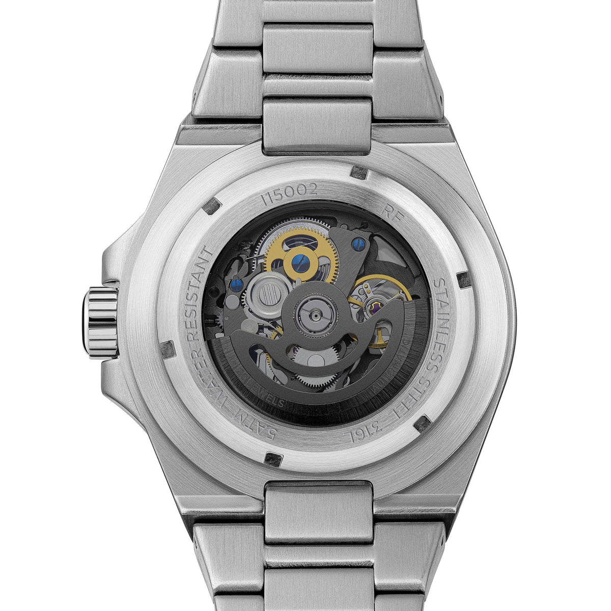 Ingersoll men's watch case view with silver stainless bracelet and exposed mechanism