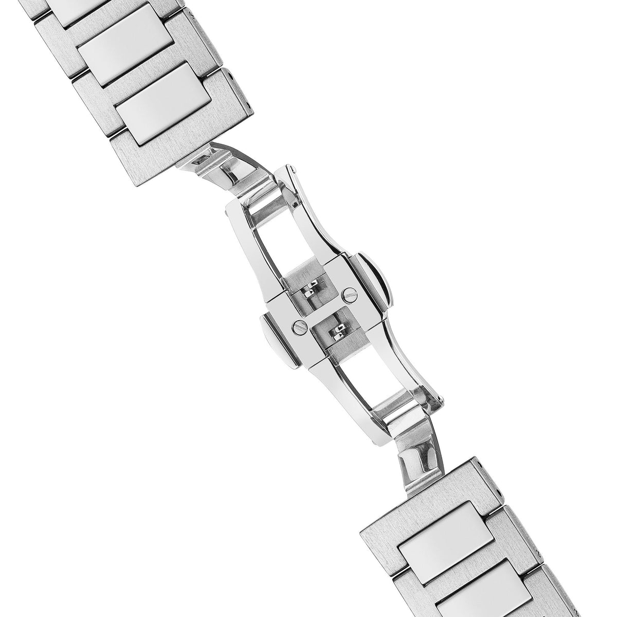 Silver stainless steel watch bracelet with clasp and adjustable link detail