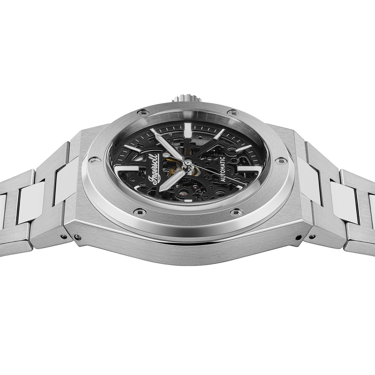 Ingersoll automatic men's watch angled view with black skeleton dial and steel case