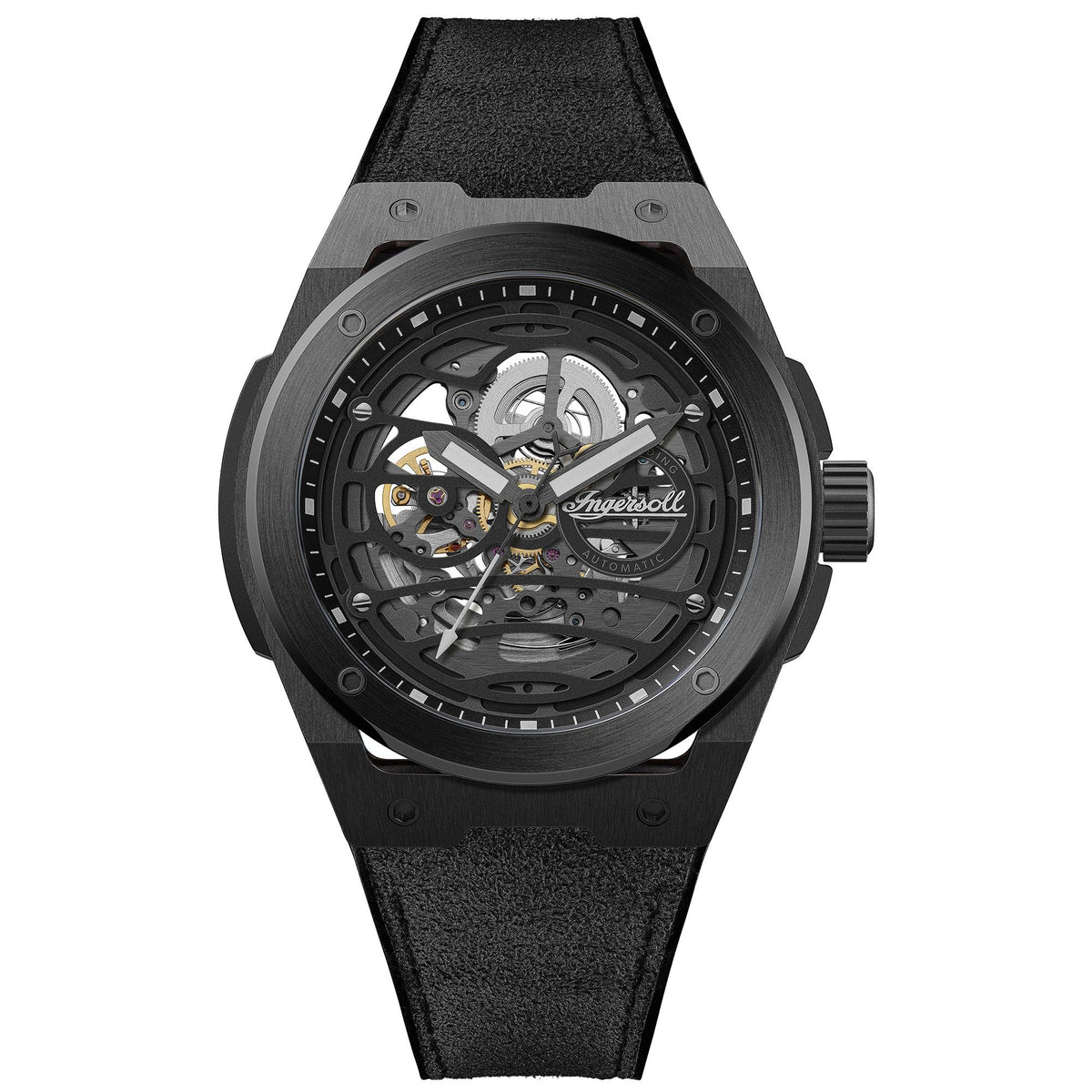 Men's automatic skeleton watch with black dial and black PU strap, round black case