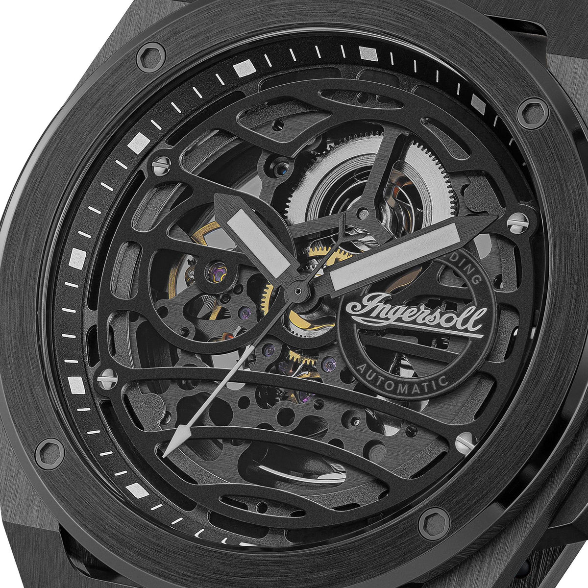 Men's automatic skeleton watch close-up showing black dial mechanics and hour markers