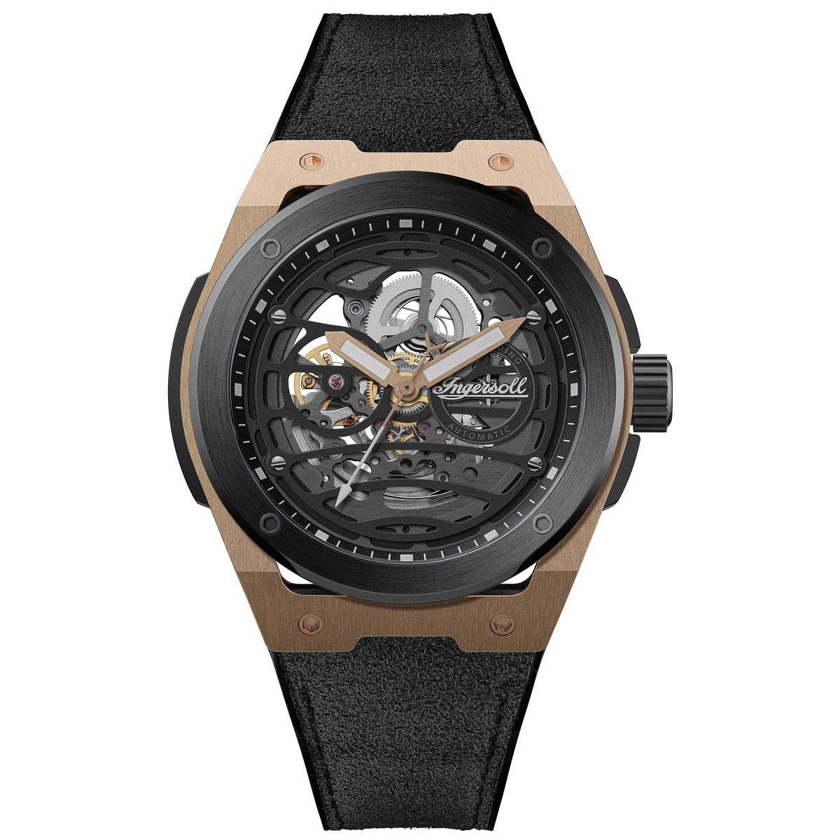 Men's automatic watch with black skeleton dial, rose-gold case, and black PU strap