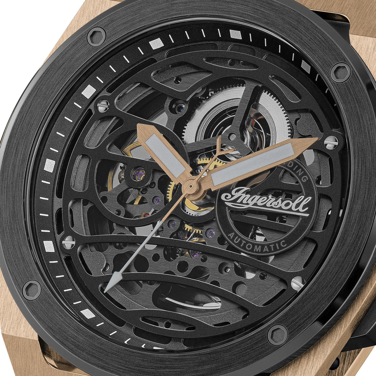 Men's automatic watch close-up of black skeleton dial with gold hands and gears