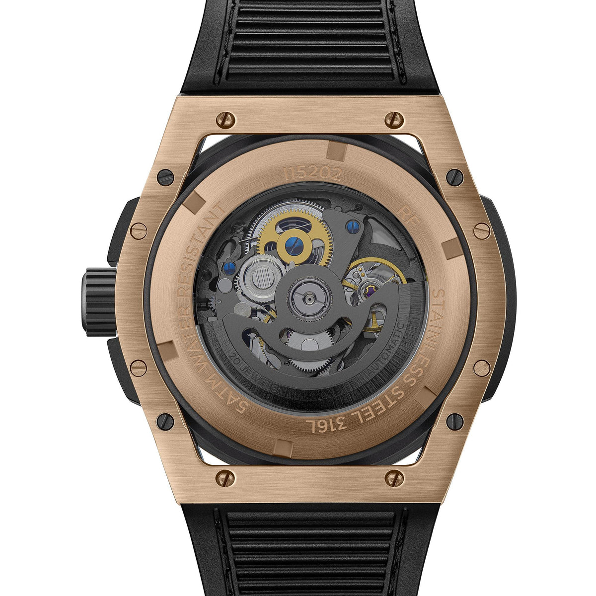Men's automatic watch back view with gray movement inside rose-gold case, black strap